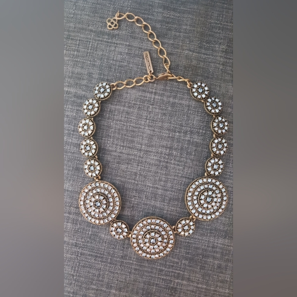 Vintage Oscar De La Renta Gold Tone Brass and White  Crystals  Necklace